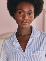 Laura Ashley Blue Stripe Long Sleeve Cotton Broderie Seer Sucker Pyjamas - Image 4 of 7