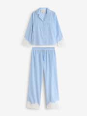 Laura Ashley Blue Stripe Long Sleeve Cotton Broderie Seer Sucker Pyjamas - Image 8 of 12