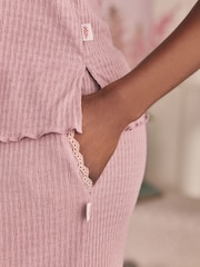 Laura Ashley Mauve Ribbed Wide Leg Lounge Trousers - Image 4 of 7