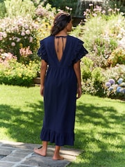 Laura Ashley Navy Cotton Frill Tie Front Maxi Length Kaftan - Image 2 of 9