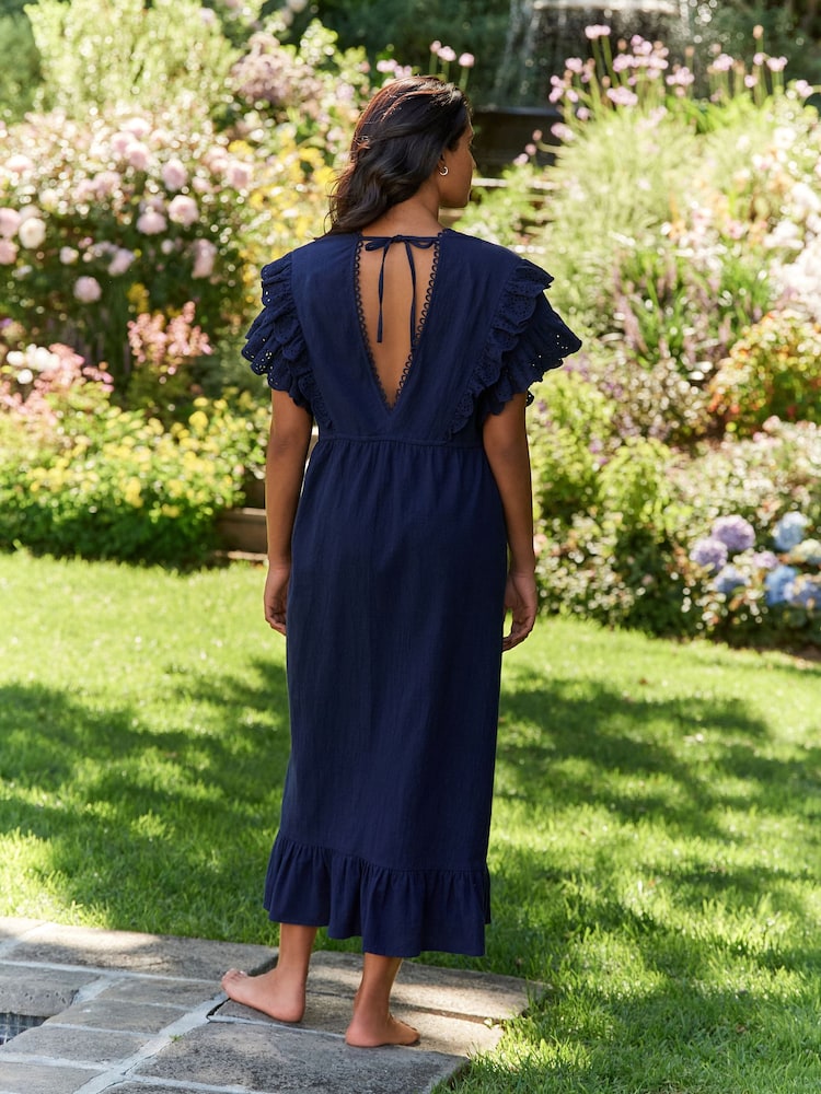 Laura Ashley Navy Cotton Frill Tie Front Maxi Length Kaftan - Image 2 of 9