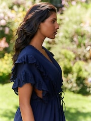 Laura Ashley Navy Cotton Frill Tie Front Maxi Length Kaftan - Image 5 of 9