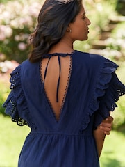 Laura Ashley Navy Cotton Frill Tie Front Maxi Length Kaftan - Image 6 of 9