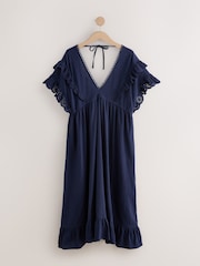 Laura Ashley Navy Cotton Frill Tie Front Maxi Length Kaftan - Image 7 of 9