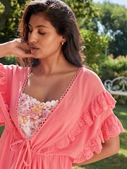 Laura Ashley Pink Cotton Frill Tie Front Maxi Length Kaftan - Image 4 of 9