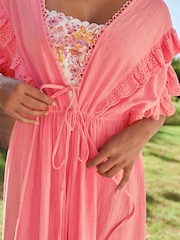 Laura Ashley Pink Cotton Frill Tie Front Maxi Length Kaftan - Image 6 of 9