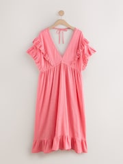 Laura Ashley Pink Cotton Frill Tie Front Maxi Length Kaftan - Image 7 of 9