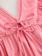 Laura Ashley Pink Cotton Frill Tie Front Maxi Length Kaftan - Image 8 of 9