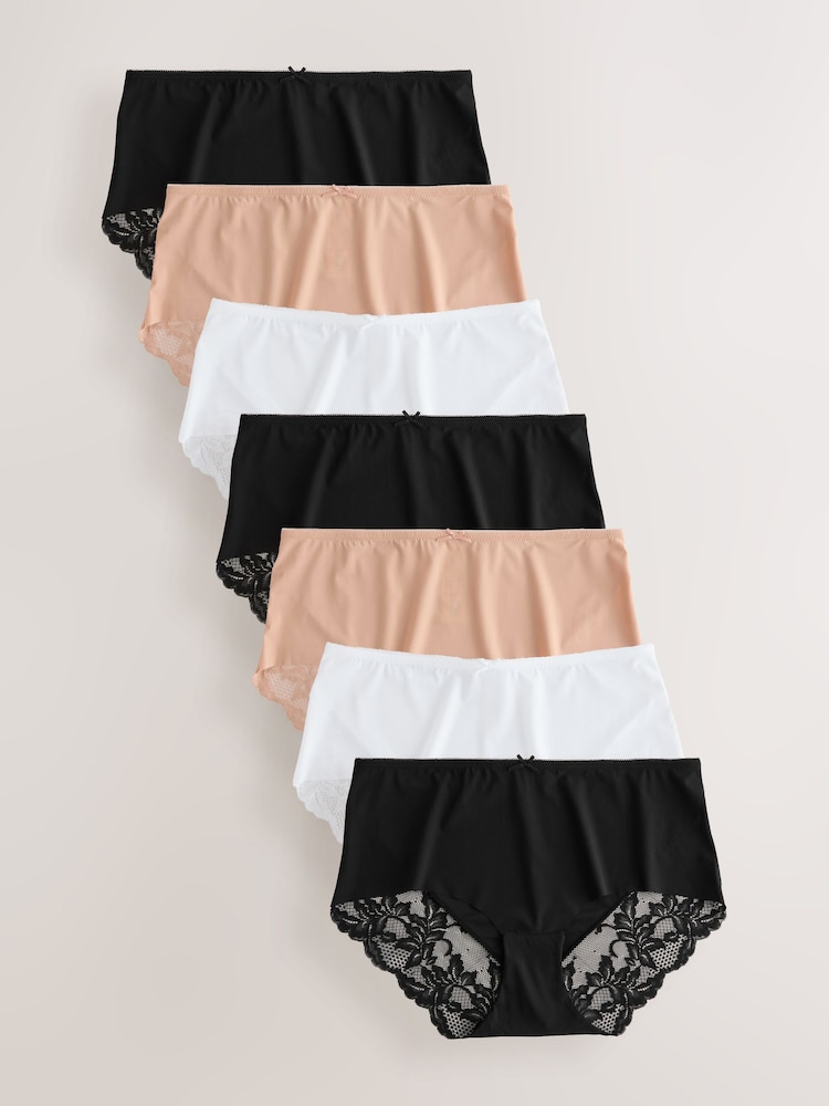Black/White/Praline Nude Midi Lace Back NVPL Knickers 7 Pack - Image 1 of 10
