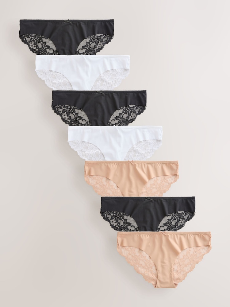 Black/White/Praline Nude Brazilian Lace Back NVPL Knickers 7 Pack - Image 1 of 1