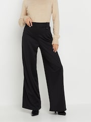 PixieGirl Petite Black Button Tab Ponte Wide Leg Trousers - Image 1 of 5