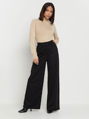 PixieGirl Petite Black Button Tab Ponte Wide Leg Trousers - Image 2 of 5