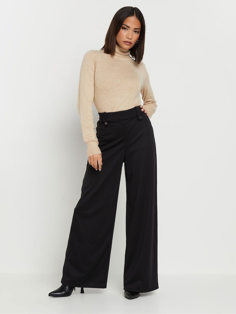 PixieGirl Petite Black Button Tab Ponte Wide Leg Trousers - Image 2 of 5