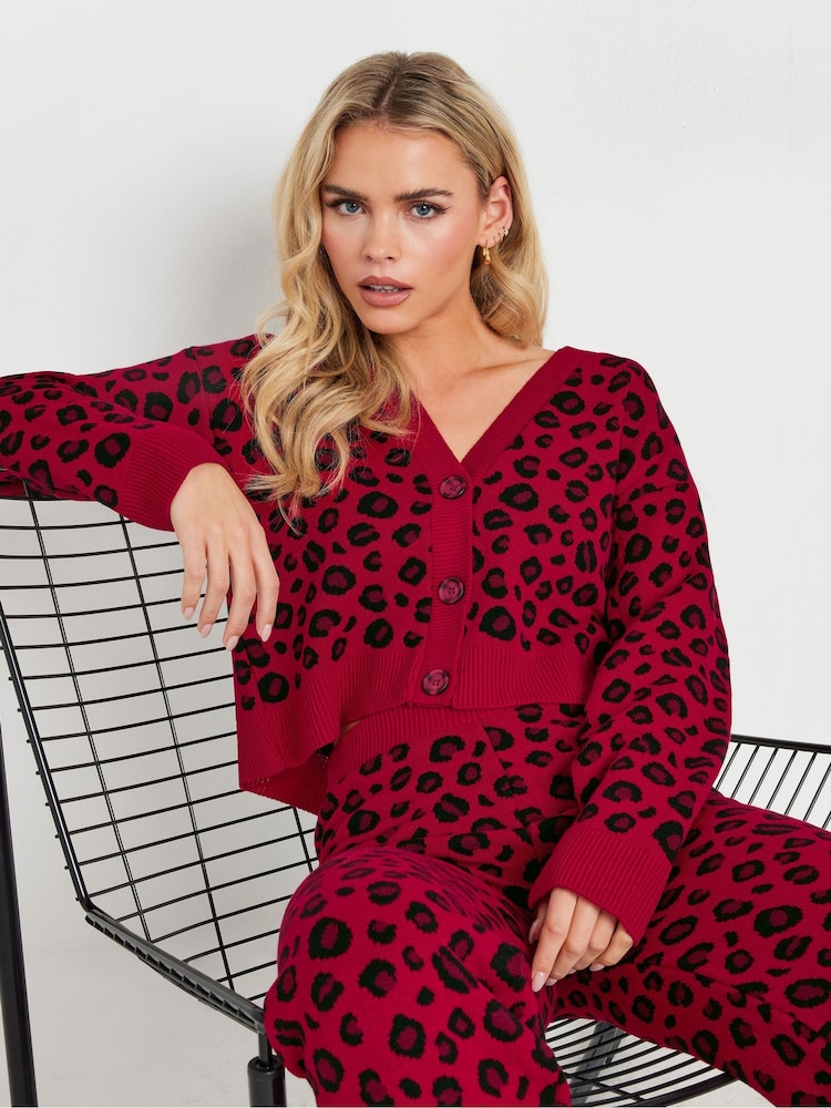 PixieGirl Petite Red Leopard Print Knitted Cardigan - Image 1 of 5