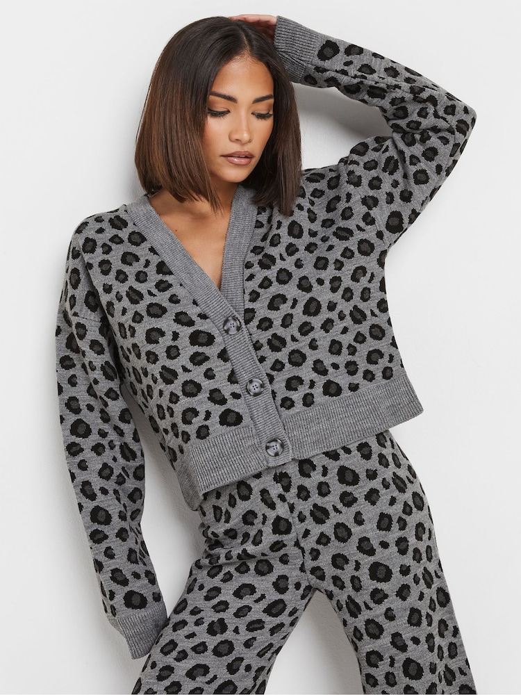 PixieGirl Petite Grey Leopard Print Knitted Cardigan - Image 2 of 5