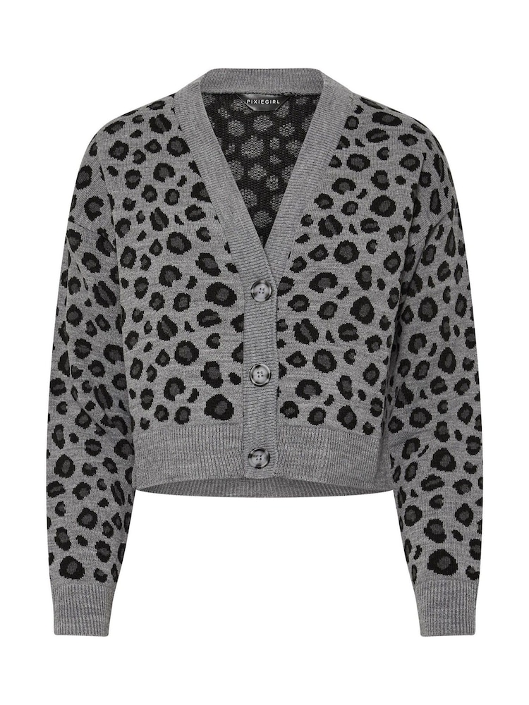 PixieGirl Petite Grey Leopard Print Knitted Cardigan - Image 5 of 5