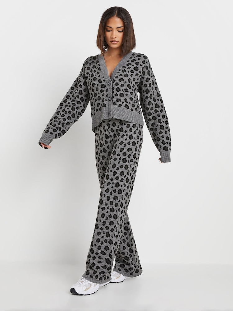 PixieGirl Petite Grey Leopard Print Wide Leg Trousers - Image 2 of 5