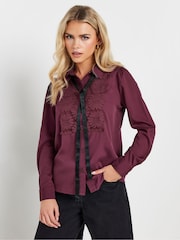PixieGirl Petite Red Crochet Trim Tie Neck Blouse - Image 5 of 6
