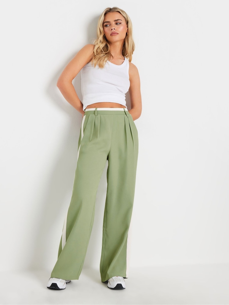 PixieGirl Petite Green Contrast Side Stripe Wide Leg Trousers - Image 1 of 5 PixieGirl Petite Green Contrast Side Stripe Wide Leg Trousers - Image 1 of 5