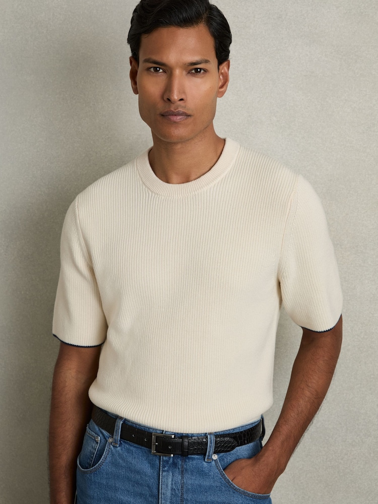 Reiss Off White/Navy Rafferty Rib Knit Tipped T-Shirt - Image 1 of 7