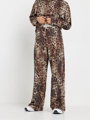 PixieGirl Petite Brown Leopard Print Soft Touch Wide Leg Trousers - Image 2 of 5