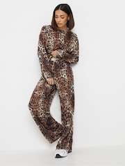 PixieGirl Petite Brown Leopard Print Soft Touch Wide Leg Trousers - Image 4 of 5