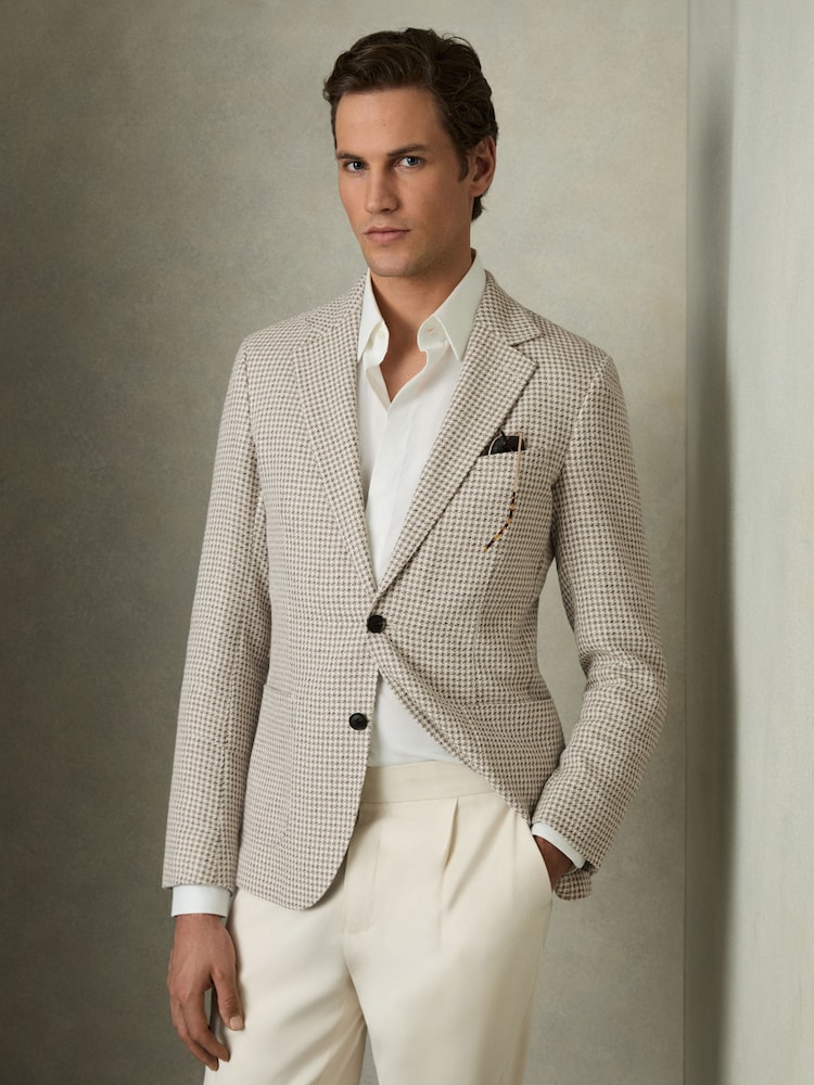 Reiss Grey/White Vitale Slim-Fit Single-Breasted Dogtooth-Check Blazer - Image 1 of 8