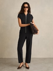 Reiss Black Nellie Cotton Knit Zip-Front Jumpsuit - Image 1 of 6