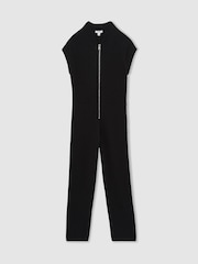 Reiss Black Nellie Cotton Knit Zip-Front Jumpsuit - Image 2 of 6