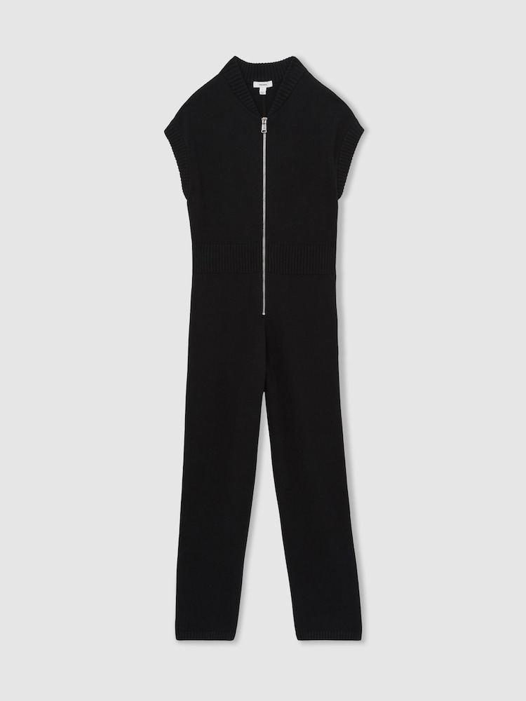 Reiss Black Nellie Cotton Knit Zip-Front Jumpsuit - Image 2 of 6