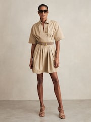 Reiss Neutral Rosalie Cotton Pleated Shirt Dress - Image 1 of 6