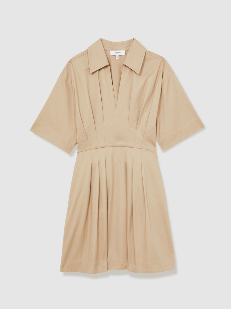 Reiss Neutral Rosalie Cotton Pleated Shirt Dress - Image 2 of 6