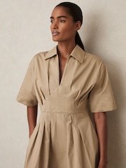 Reiss Neutral Rosalie Cotton Pleated Shirt Dress - Image 4 of 6