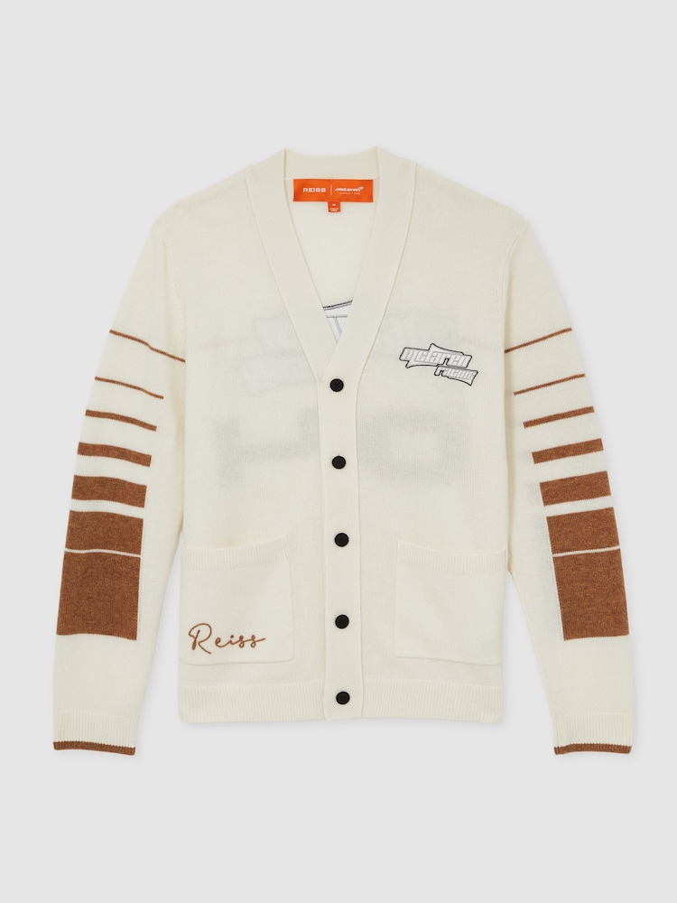 Reiss Off White/Camel Boom McLaren F1 Team Varsity Wool-Cashmere Cardigan - Image 2 of 9