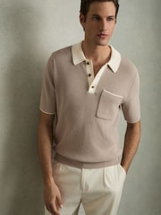 Reiss Taupe Brown/Off White Brinkley Cotton Polo Shirt with Buttons - Image 1 of 5
