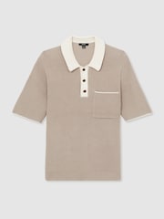 Reiss Taupe Brown/Off White Brinkley Cotton Polo Shirt with Buttons - Image 2 of 5
