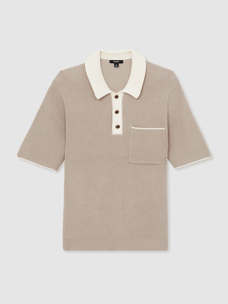 Reiss Taupe Brown/Off White Brinkley Cotton Polo Shirt with Buttons - Image 2 of 5