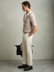Reiss Taupe Brown/Off White Brinkley Cotton Polo Shirt with Buttons - Image 3 of 5