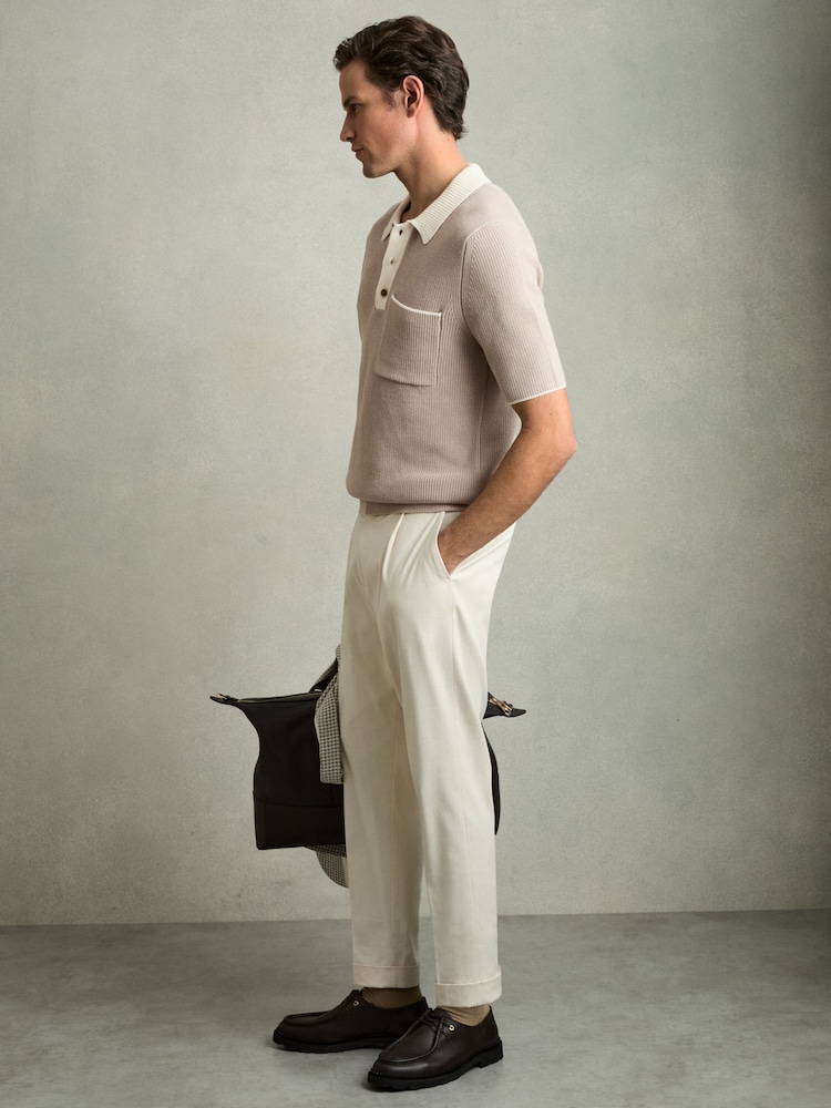 Reiss Taupe Brown/Off White Brinkley Cotton Polo Shirt with Buttons - Image 3 of 5