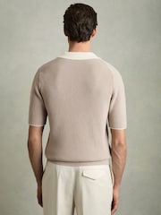 Reiss Taupe Brown/Off White Brinkley Cotton Polo Shirt with Buttons - Image 4 of 5