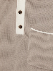 Reiss Taupe Brown/Off White Brinkley Cotton Polo Shirt with Buttons - Image 5 of 5