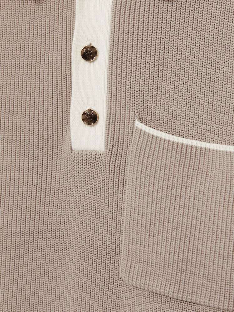 Reiss Taupe Brown/Off White Brinkley Cotton Polo Shirt with Buttons - Image 5 of 5