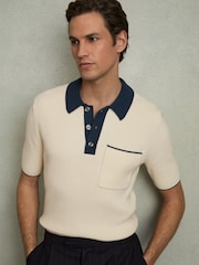 Reiss Off White/Navy Brinkley Cotton Polo Shirt with Buttons - Image 1 of 5