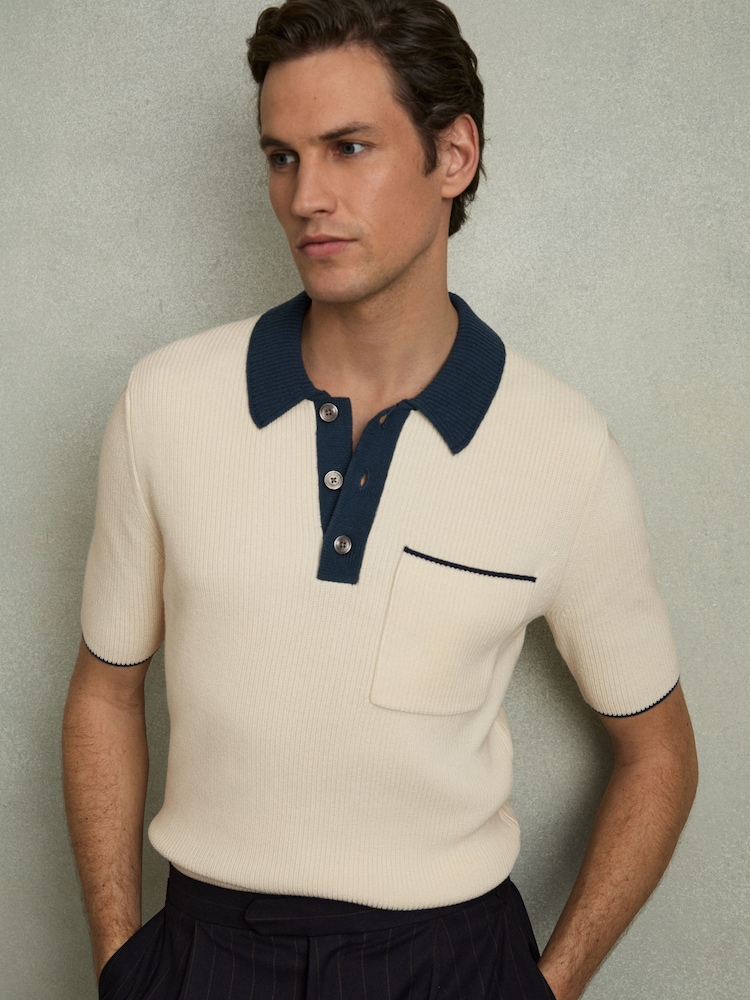 Reiss Off White/Navy Brinkley Cotton Polo Shirt with Buttons - Image 1 of 5