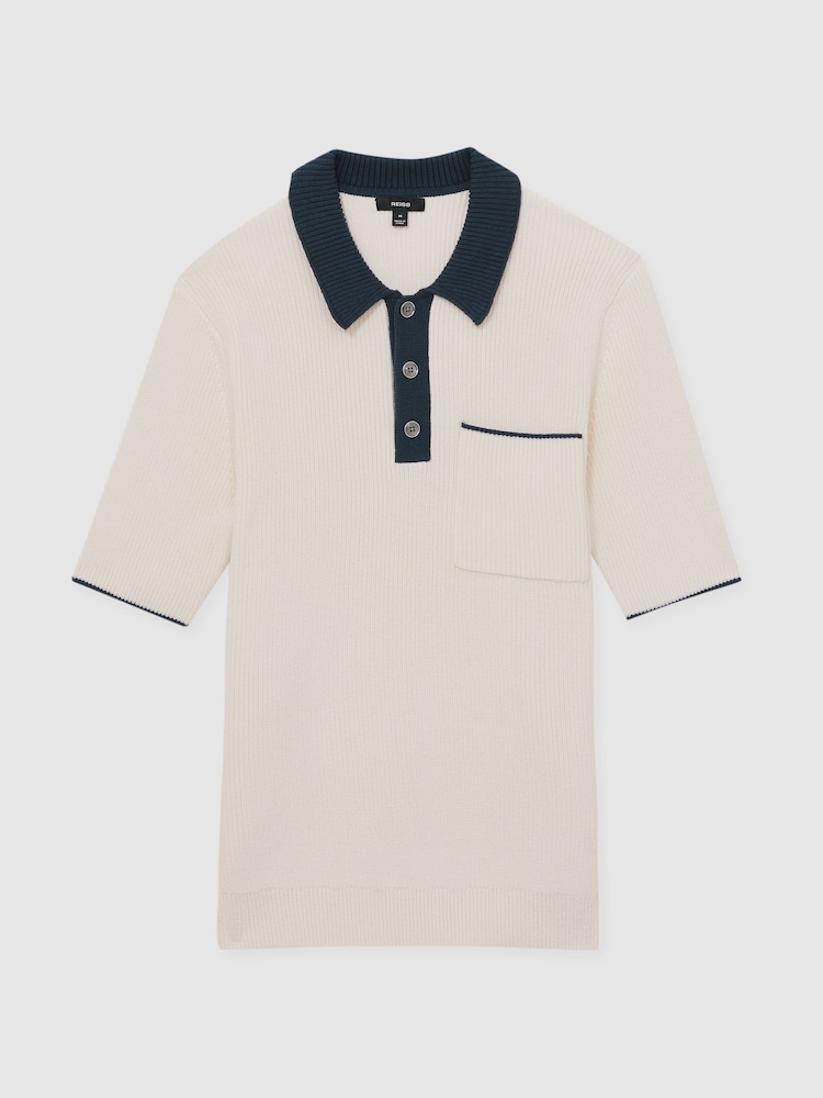 Reiss Off White/Navy Brinkley Cotton Polo Shirt with Buttons - Image 2 of 5