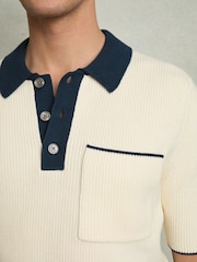 Reiss Off White/Navy Brinkley Cotton Polo Shirt with Buttons - Image 3 of 5