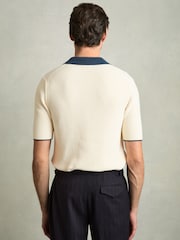 Reiss Off White/Navy Brinkley Cotton Polo Shirt with Buttons - Image 4 of 5