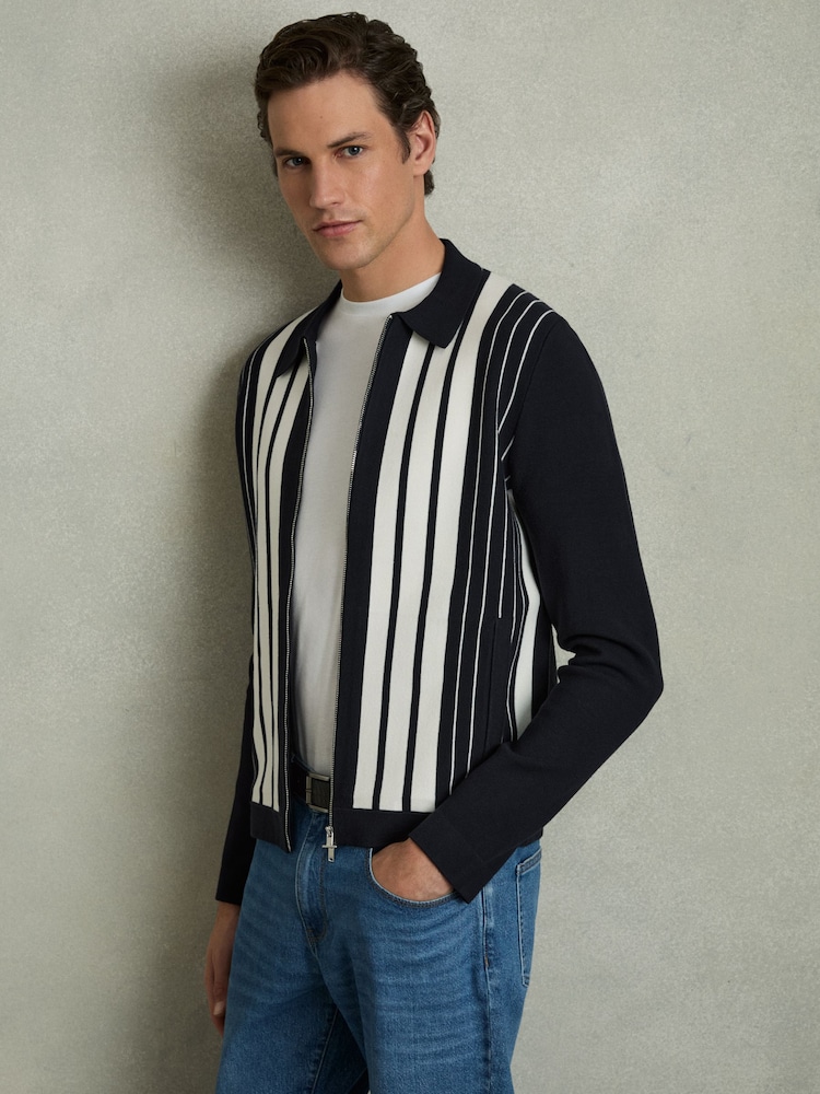 Reiss Navy/White Ambient Striped Zip Through Knitted Jacket - Image 1 of 7