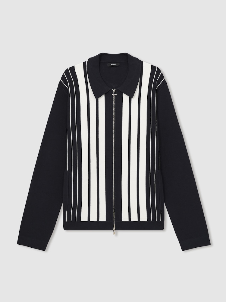Reiss Navy/White Ambient Striped Zip Through Knitted Jacket - Image 2 of 7