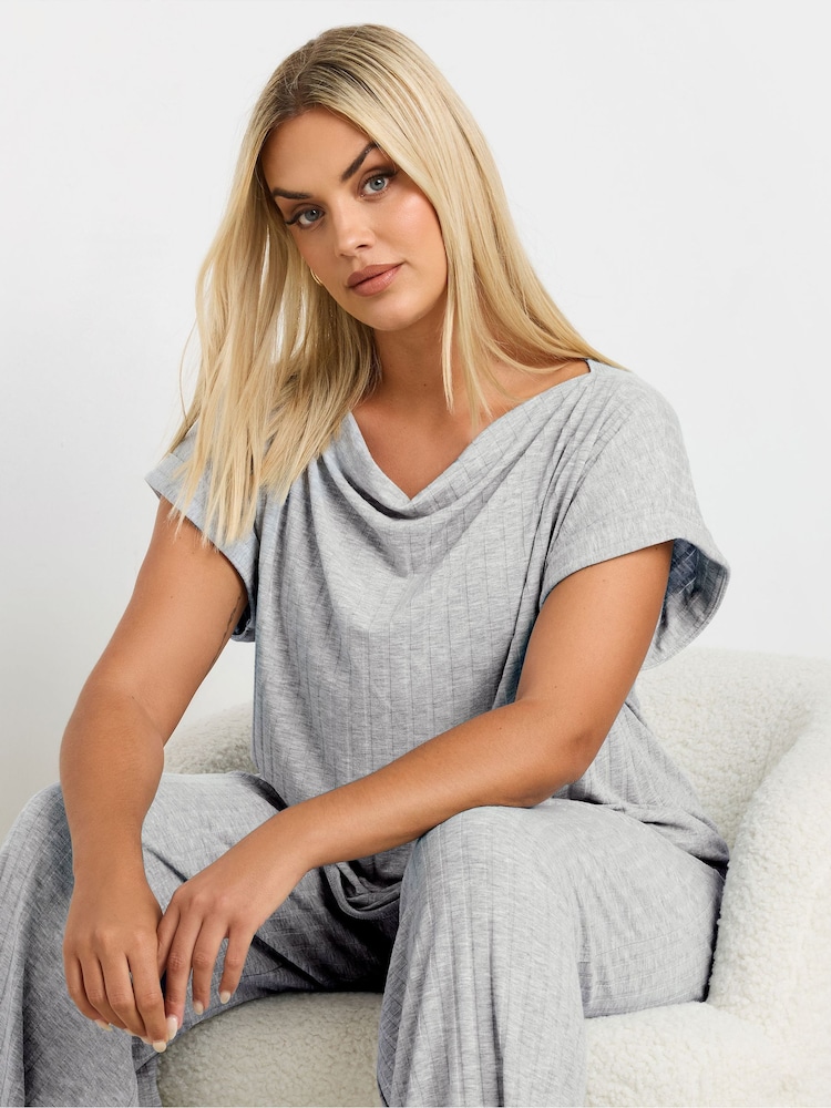 Yours Curve Grey Limited Cowl Neck Ribbed Top - Image 1 of 5 Yours Curve Grey Limited Cowl Neck Ribbed Top - Image 1 of 5